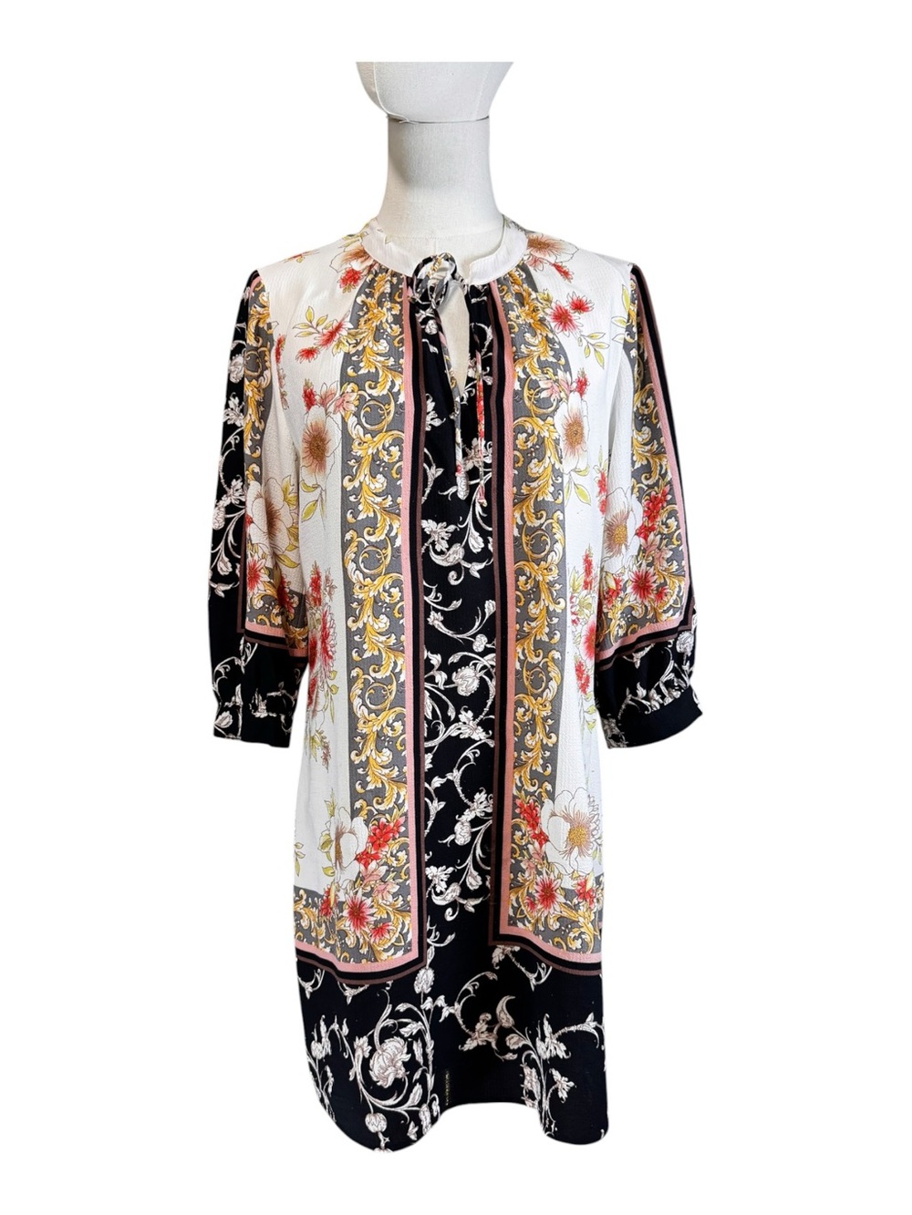 Fig & Flower Floral Baroque Mixed Print Keyhole Tie Shift Mini Dress Size S